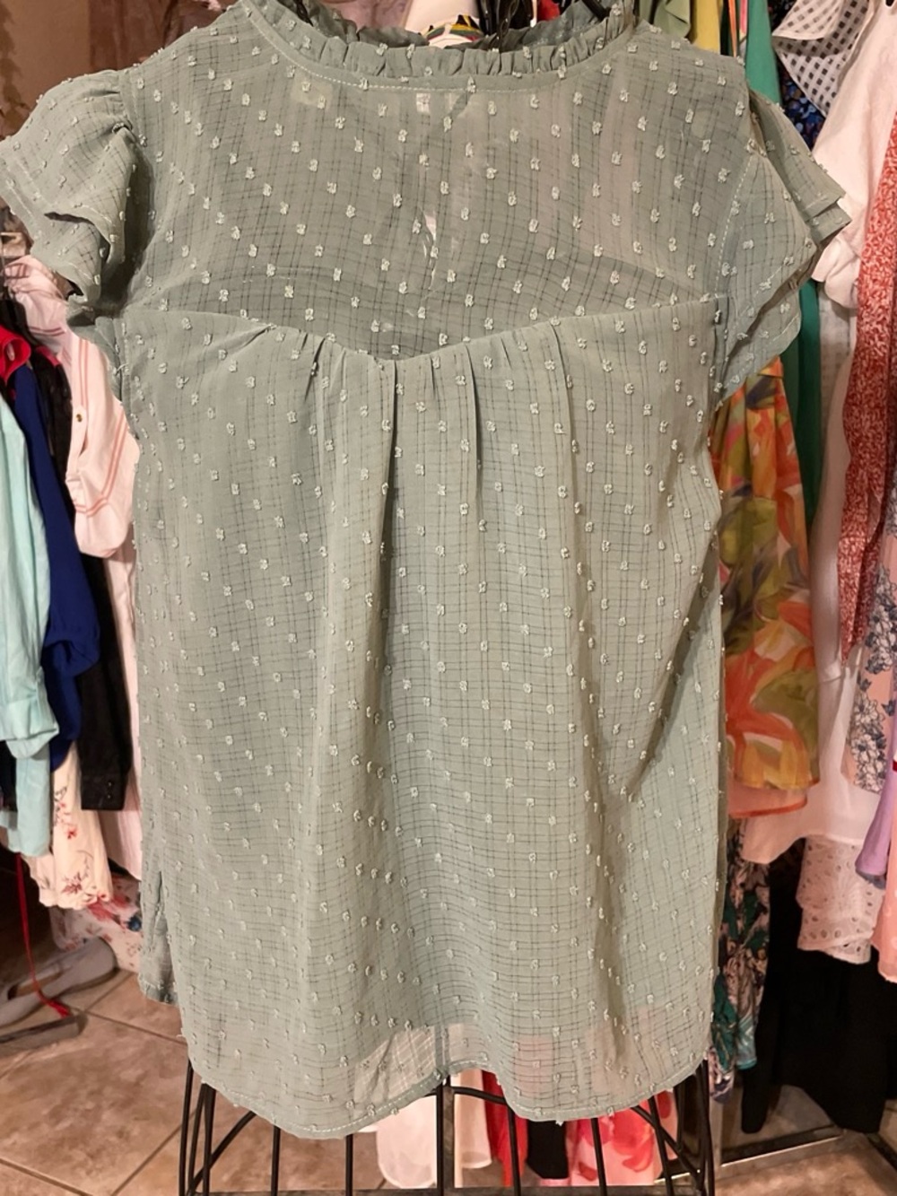 Faith and Joy Sage Green Swiss Dot Short Sleeve Blouse